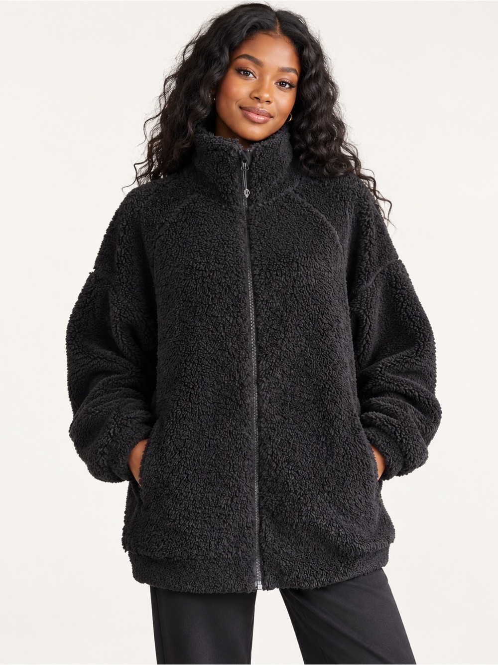 Lululemon Long Textured Fleece Full-Zip Teddy Jacket Black M/L